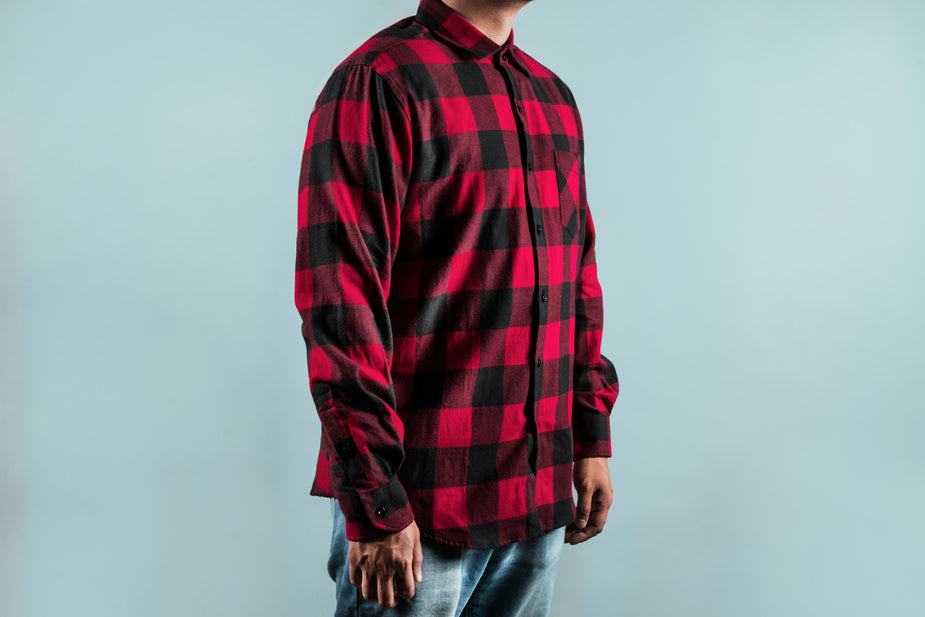 Mens chequered red plaid flannel shirt with long sleeves and chest pockets