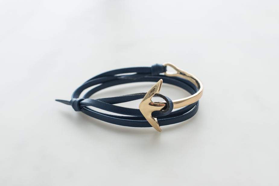 Black leather men's anchor bracelet with gold anchor charm