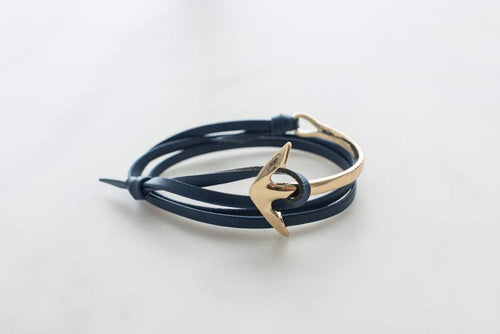 Black leather men's anchor bracelet with gold anchor charm