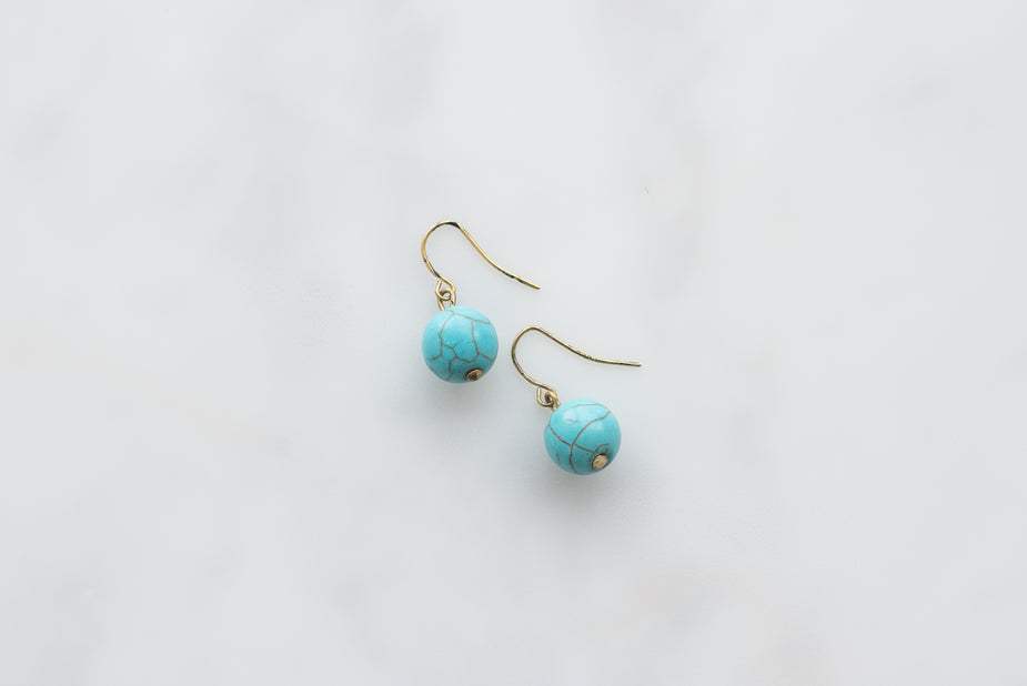 Boho earrings with turquoise globe and 14k gold hooks